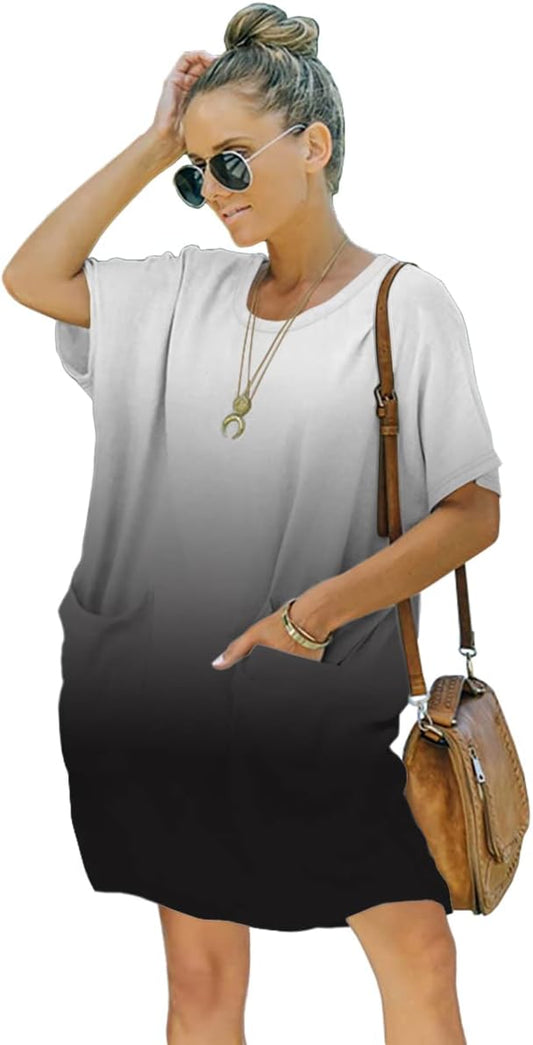Women’s Casual Summer T Shirt Dress Elastic Loose Short Sleeve Dress with Pocket for Women