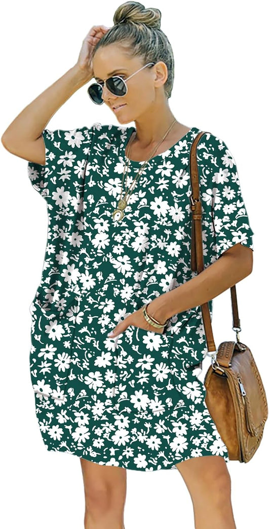 Women’s Casual Summer T Shirt Dress Elastic Loose Short Sleeve Dress with Pocket for Women